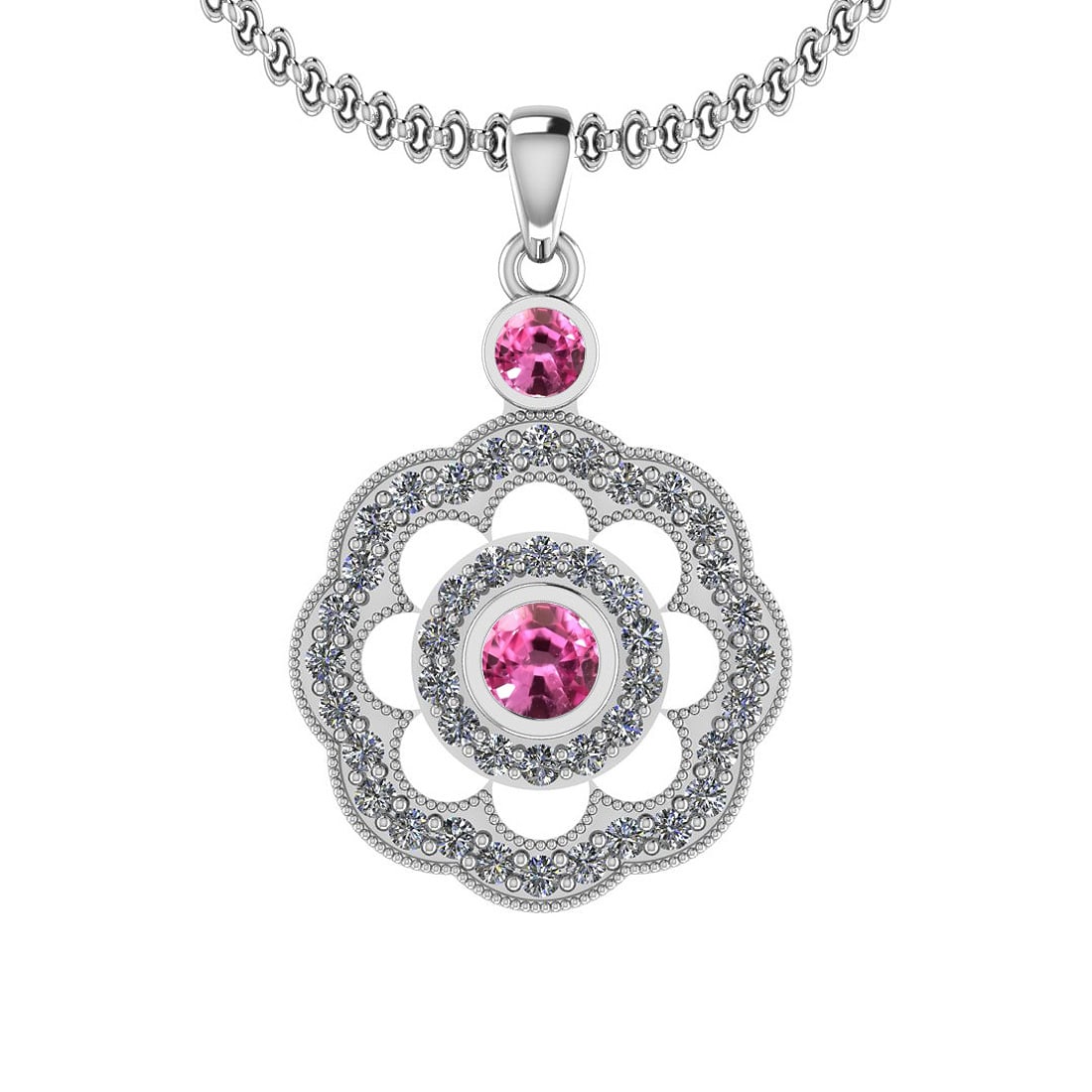 1.03 Ctw SI2/I1 Pink Sapphire And Diamond 14K White Gold Pendant Necklace: Center Weight : 0.45 Ctw ( Round Cut ) Center Color :- Pink Sapphire Stone Setting : Bezel Side Stone Weight Of Ctw 0.58 Ctw Side Stone Color : J-K Stone Clarity : SI2/I1 Stone Setting : Prong Metal