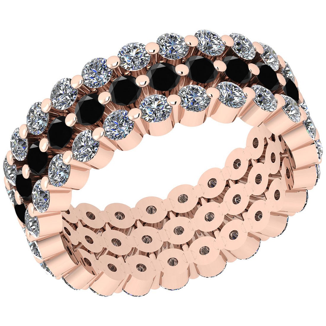 Certified 2.52 Ctw I2/I3 Treated Fancy Black And White Diamond 14K Rose Gol: Center Approx Weight: 0.84 Ctw (Round Cut) Center Diamond Color: Treated Fancy Black Diamond Center Clarity: I2/I3 Center Setting: Prong Side Stone: 1.68 ctw Side Stone Color: J-K Side Stone Setting: 