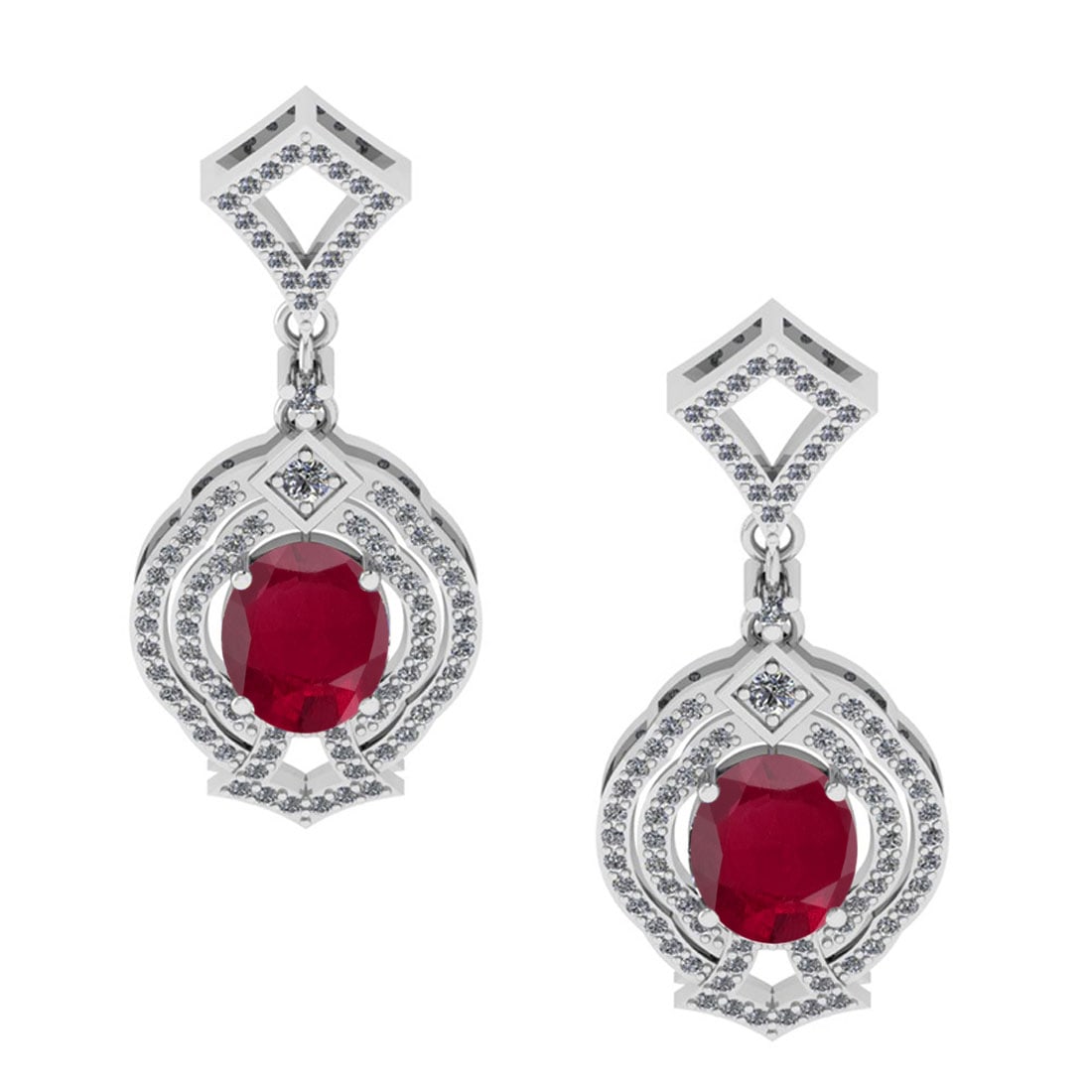 6.20 Ctw VS/SI1 Ruby And Diamond 14K White Gold Dangling Earrings (ALL DIAM: Color Stone Weight : 4.00 Ctw ( Oval Cut ) Center Stone Color : Ruby Stone Setting : Prong Side Diamond Weight Of Ctw 2.20 Ctw Side Stone Color : J-K Stone Clarity : VS/SI1 Stone Setting : Prong Metal
