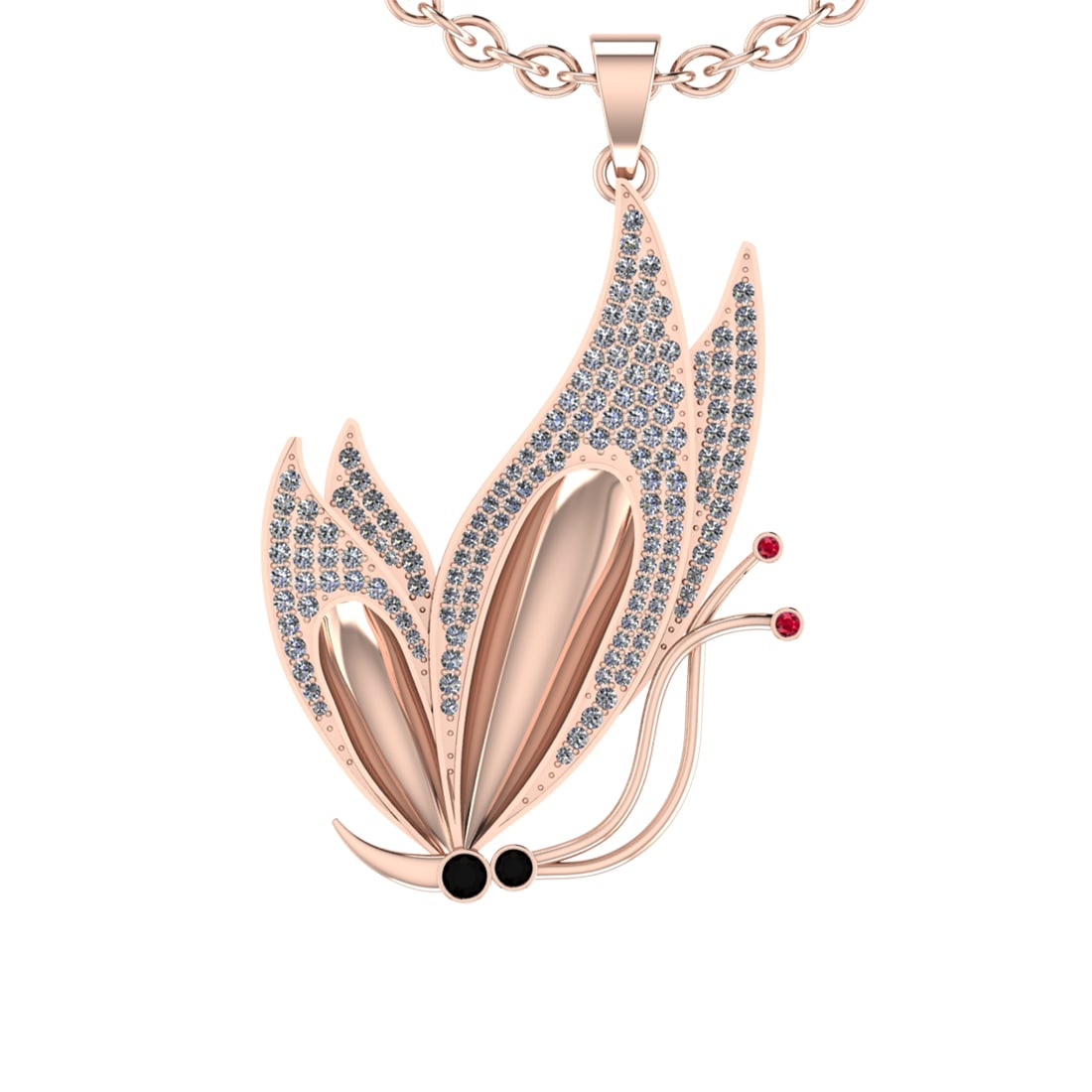 1.94 Ctw SI2/I1 Treated fancy Black and white Diamond Prong Set 14K Rose Go: Eye Stone Weight :- 0.02 ctw Eye Stone color :- Ruby Center Diamond Weight : 0.17 Ctw (Round Cut) Color : Treated fancy Black diamond Clarity : SI2/I1 Setting : Prong Side Weight Of Ctw 1.75 Ctw Color