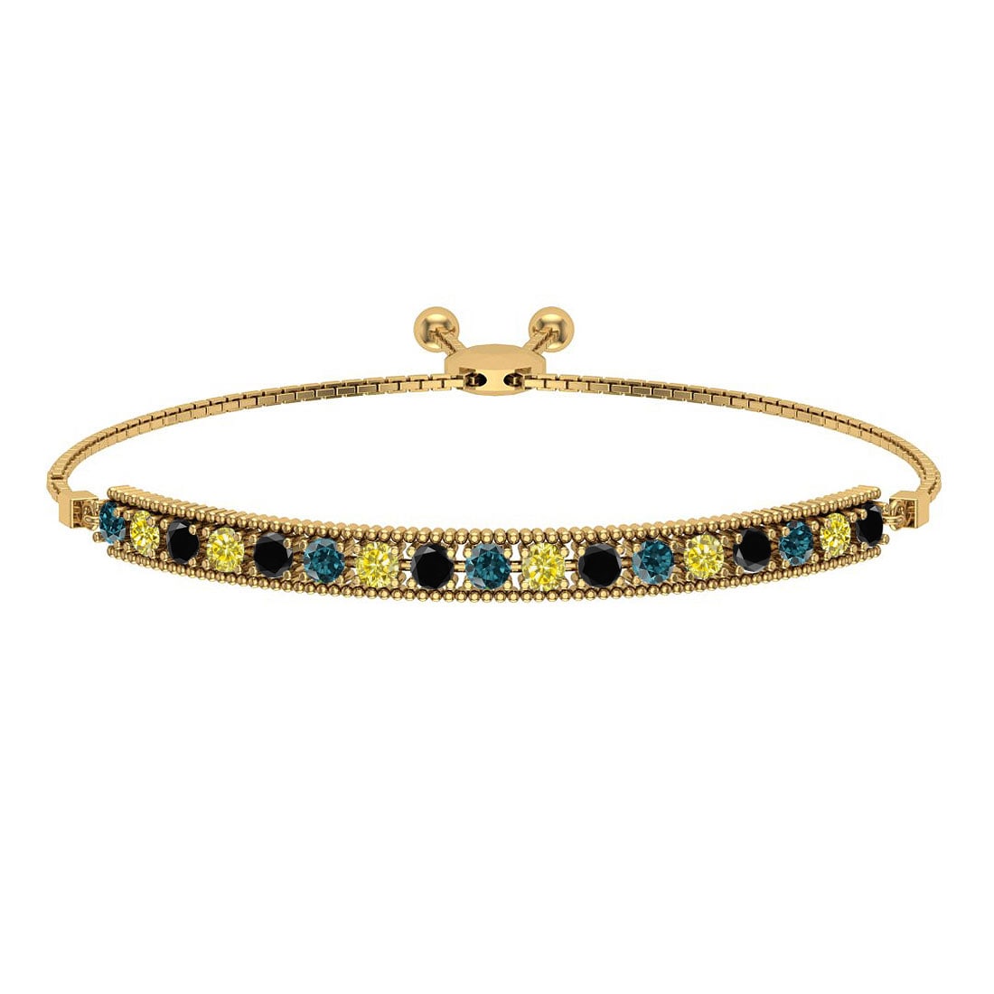 0.50 Ctw I2/I3 Multi Diamond14K Yellow Gold Slide Bracelet: Center Diamond Weight : 0.50 Ctw (Round Cut) Center Diamond Color :- Treated Fancy Blue black yellow diamond Center Clarity : I2/I3 Stone Setting : Prong Metal Weight : Approx 6.20 Gram 14K Yellow Gol