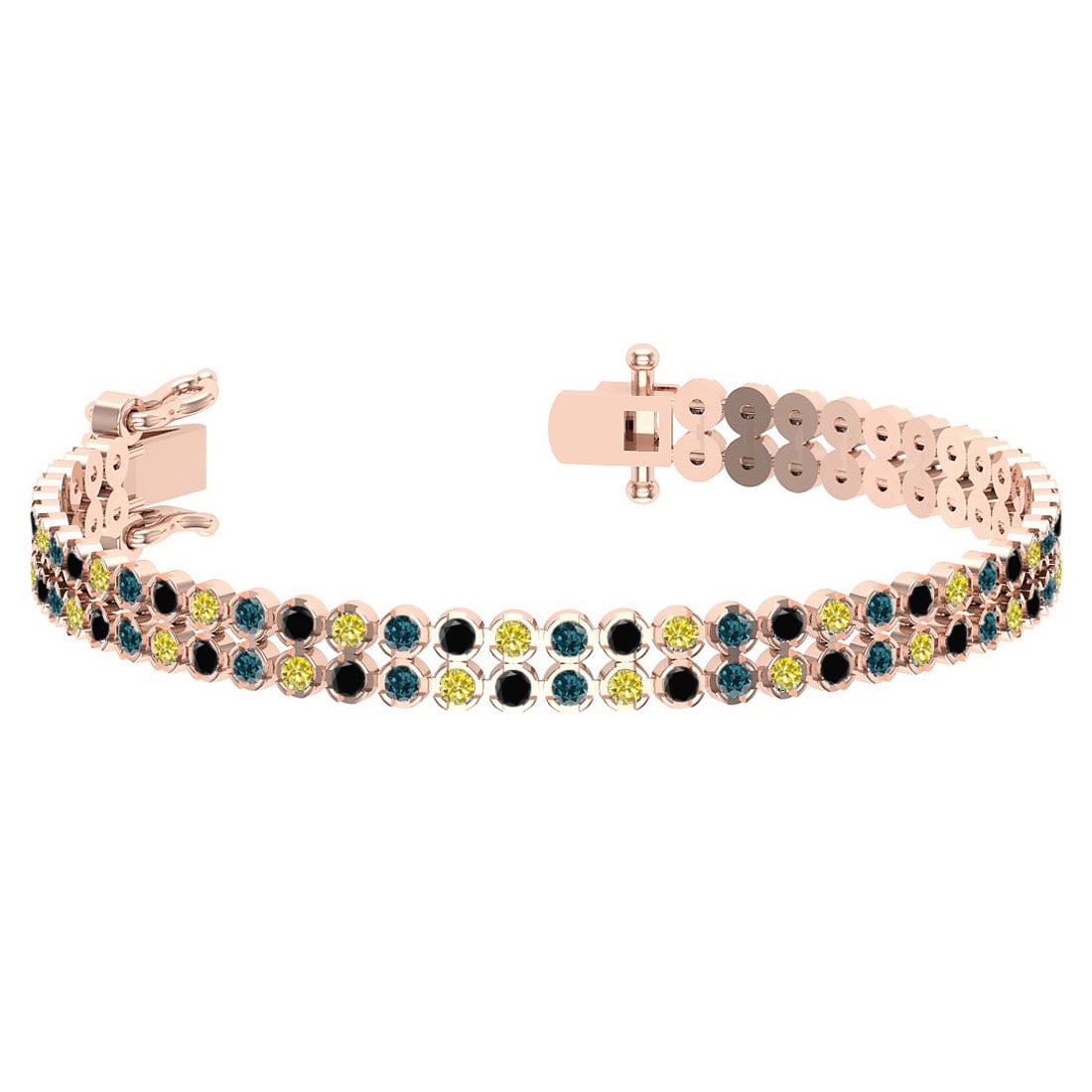 1.50 Ctw I2/I3 Multi Diamond14K Rose Gold 2 Row Bracelet: Center Diamond Weight : 1.50 Ctw (Round Cut) Center Diamond Color :- Treated Fancy Blue black yellow diamond Center Clarity : I2/I3 Stone Setting : Prong Metal Weight : Approx 16.50 Gram 14K Rose Gold