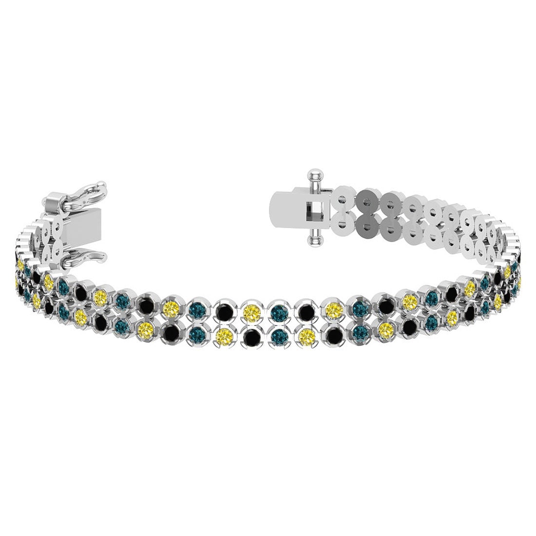 1.50 Ctw I2/I3 Multi Diamond14K White Gold 2 Row Bracelet: Center Diamond Weight : 1.50 Ctw (Round Cut) Center Diamond Color :- Treated Fancy Blue black yellow diamond Center Clarity : I2/I3 Stone Setting : Prong Metal Weight : Approx 16.50 Gram 14K White Gol