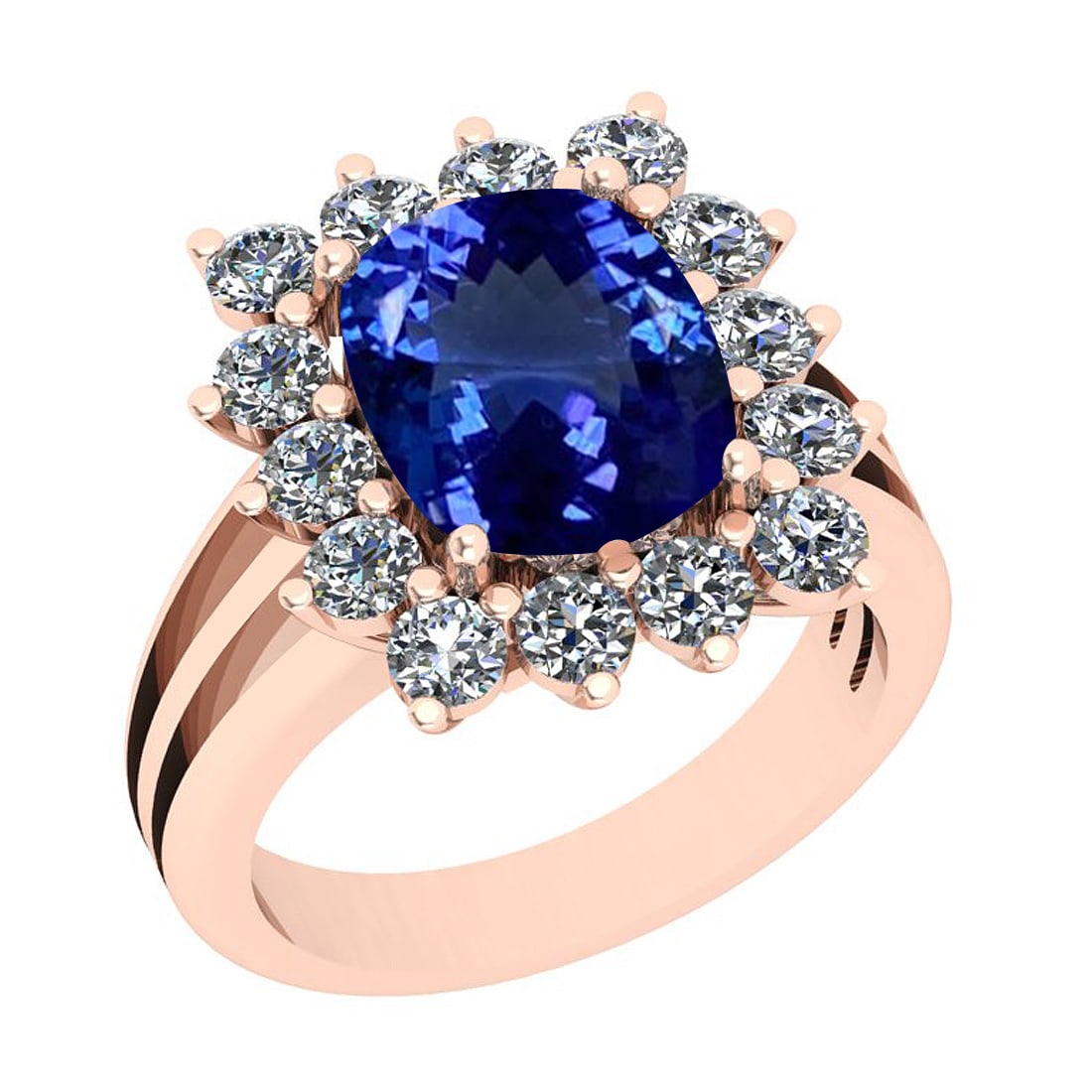 Certified 6.12 Ctw VS/SI1 Tanzanite And Diamond 14k Rose Gold Anniversary E: Center Approx Weight: 4.02 Ctw (Cushion Cut) Center Color: Tanzanite Center Stone Setting: Prong Side Stone 2.10 Ctw Side Stone Color: J-K Stone Clarity: VS/SI1 Stone Setting: Prong Metal Approx