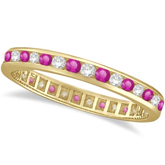 Pink Sapphire and Diamond Channel Set Eternity Band 14k Y. Gold 1.04ctw: CENTER STONE; Diamond CENTER STONE CLARITY; SI CENTER STONE COLOR; J-K CENTER STONE SETTING; Channel SIDE STONE CLARITY; SIDE STONE COLOR; Pink SIDE STONE SETTING; Channel ctw OF SIDE STONE: 0.54 SIDE