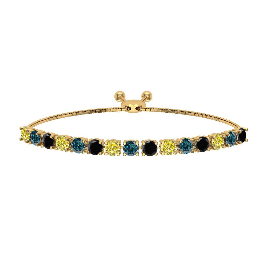 1.04 Ctw I2/I3 Multi Diamond14K Yellow Gold Slide Bracelet: Center Diamond Weight : 1.04 Ctw (Round Cut) Center Diamond Color :- Treated Fancy Blue black yellow diamond Center Clarity : I2/I3 Stone Setting : Prong Metal Weight : Approx 5.60 Gram 14K Yellow Gol