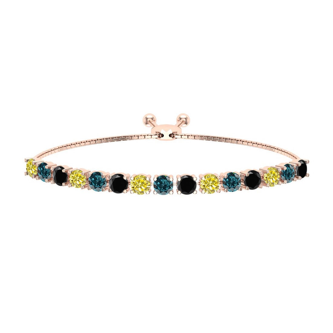 1.04 Ctw I2/I3 Multi Diamond14K Rose Gold Slide Bracelet: Center Diamond Weight : 1.04 Ctw (Round Cut) Center Diamond Color :- Treated Fancy Blue black yellow diamond Center Clarity : I2/I3 Stone Setting : Prong Metal Weight : Approx 5.60 Gram 14K Rose Gold