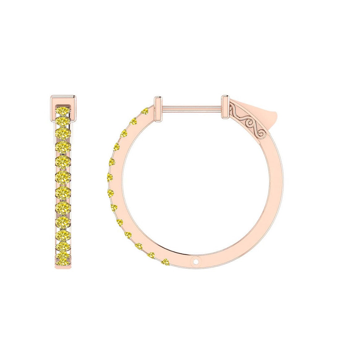 0.60 Ctw Treated fancy Yellow Diamond 14K Rose Gold Huggie Earrings: Center Diamond Weight : 0.60 Ctw (Round Cut) Center Diamond Color :- Treated fancy Yellow Diamond Center Clarity : I2/I3 Stone Setting : Prong Metal Weight : Approx 3.90 Gram 14K Rose Gold Huggie Earr