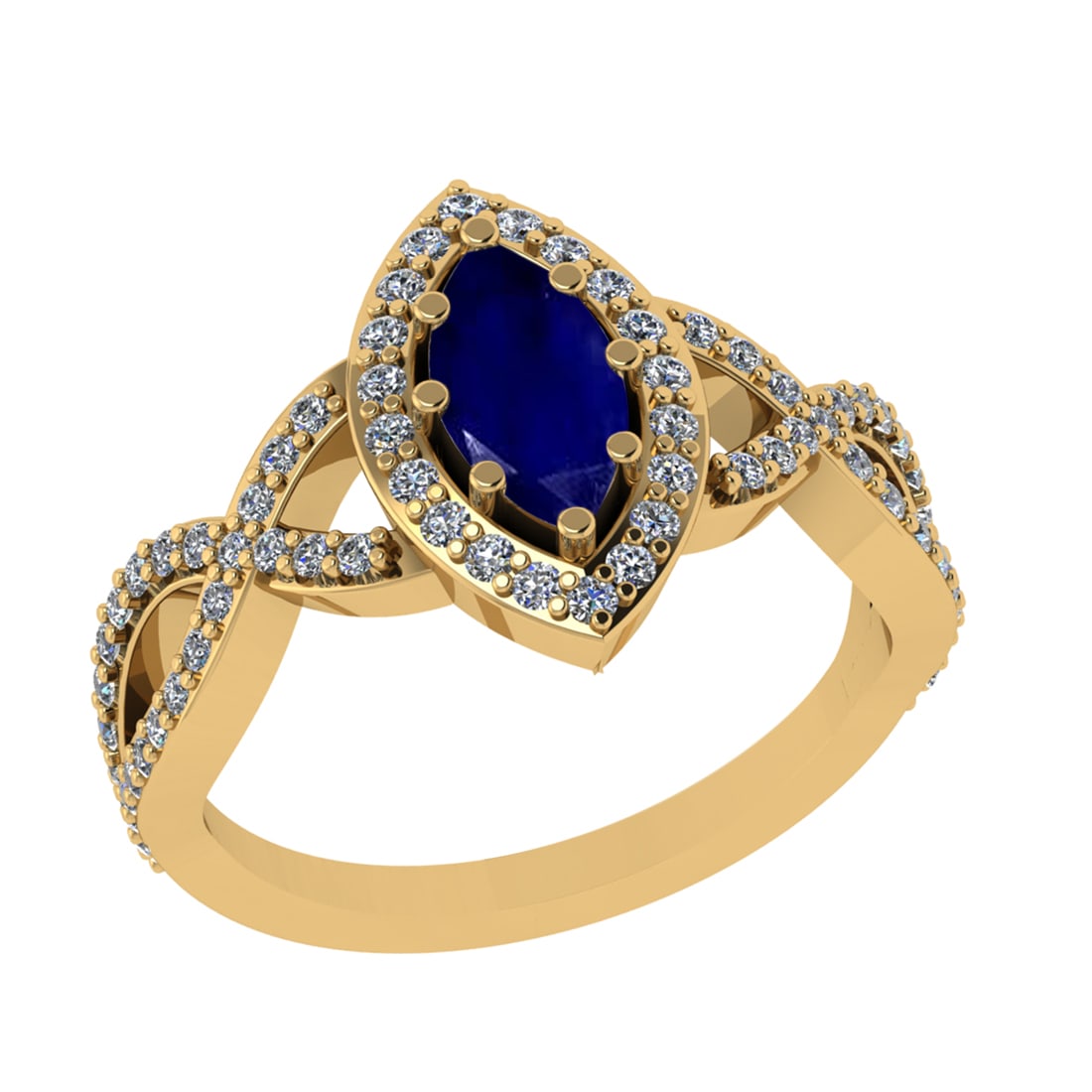 1.32 Ctw I2/I3 Blue Sapphire And Diamond 14K Yellow Gold Engagement Ring: Center Stone Weight :0.75 Ctw ( marquise Cut ) Center Stone Color : Blue Sapphire Stone Setting : Prong Side Diamond Weight Of Ctw 0.57Ctw Side Stone Color : J-K Stone Clarity : SI2/I1 Stone Setting :