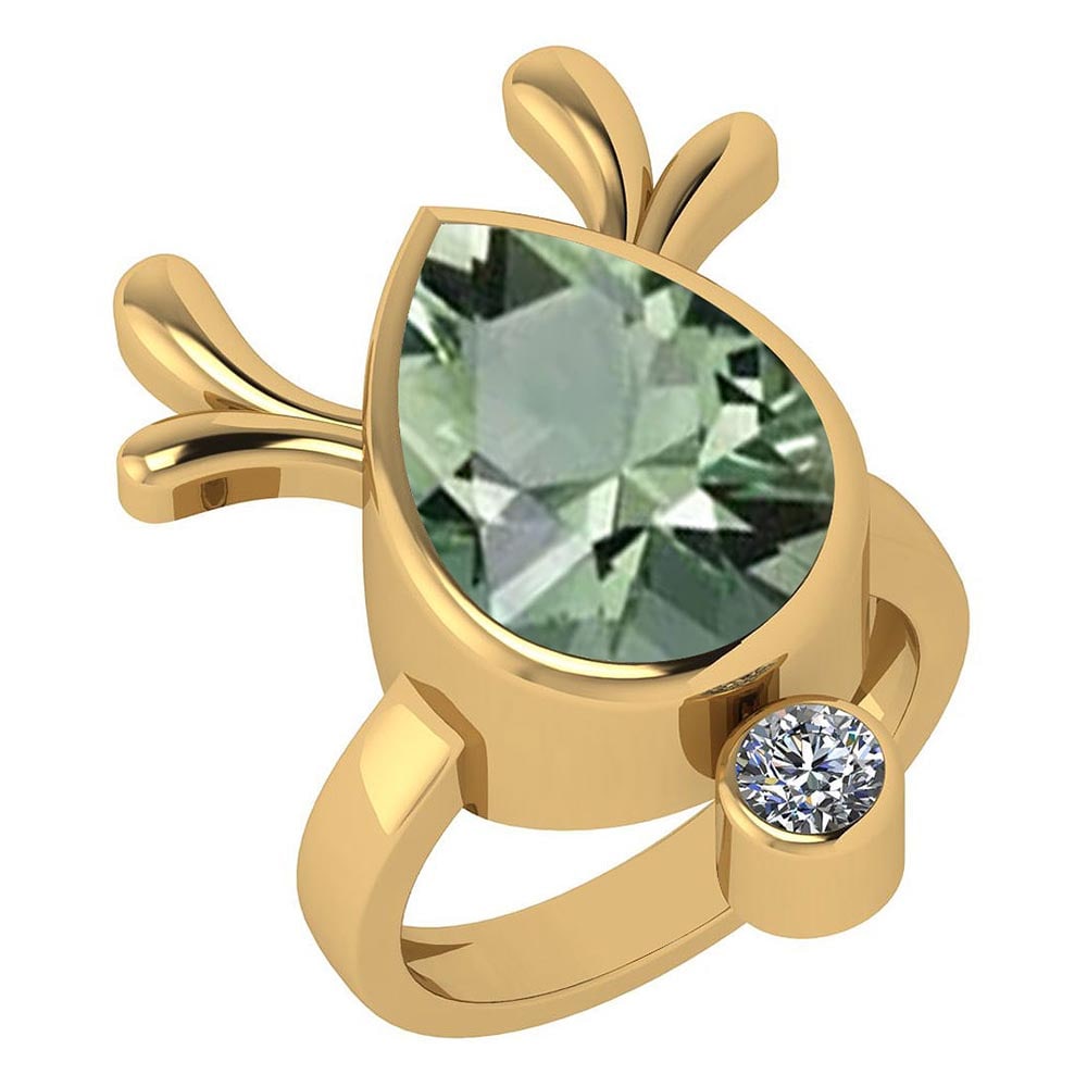 Certified 5.75 Ctw Green Amethyst And Diamond Ladies Fashion Halo Ring 14k: Center Stone Weight ; 5.50 Ctw (1 Pcs Pear) Center Stone Color: Green Amethyst Center Stone Setting ; Prong Side Stone (1 Pcs Round Cut Diamond) 0.25 ctw Side Stone Color: White G-H Diamond Side