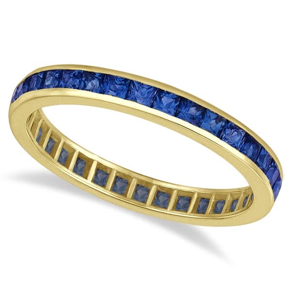 Princess-Cut Blue Sapphire Eternity Ring Band 14k Yellow Gold 1.36ctw: CENTER STONE; Sapphire CENTER STONE CLARITY; CENTER STONE COLOR; Blue CENTER STONE SETTING; Channel SIDE STONE CLARITY; SIDE STONE COLOR; SIDE STONE SETTING; ctw OF SIDE STONE: SIDE STONE QUALITY; 
