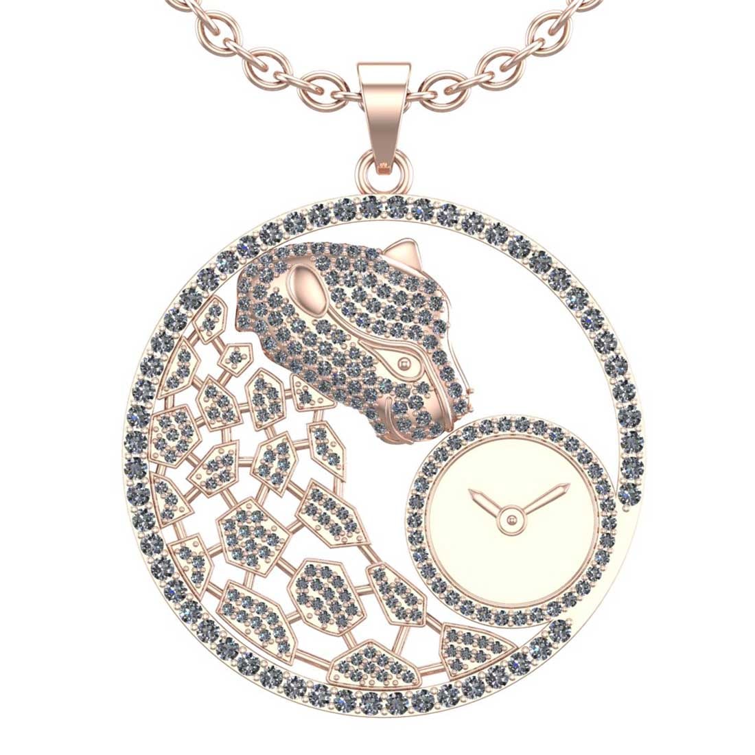 2.85 Ctw SI2/I1Diamond 14K Rose Gold Panther Pendant Necklace: Total Diamond Weight : 2.85 Ctw (Round cut) Center Diamond Color :- J-K Center Clarity : SI2/I1 Stone Setting : Prong Metal Weight : Approx 29.50 Gram 14K Rose Gold Panther Pendant Necklace Length