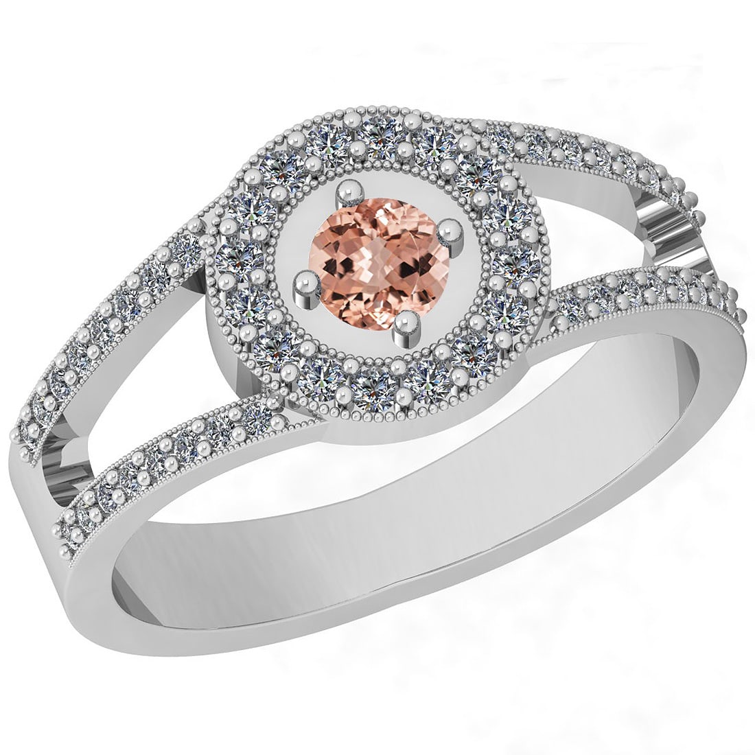 0.65 Ctw SI2/I1 Morganite And Diamond 14K White Gold Vintage Style Ring: Center Stone Weight : 0.25 Ctw ( Round Cut ) Center Stone Color :-Morganite Center Stone Setting : Prong Side Stone Weight Of Ctw 0.40 Ctw Side Stone Color : H-I Stone Clarity : SI2/I1 Stone Setting :
