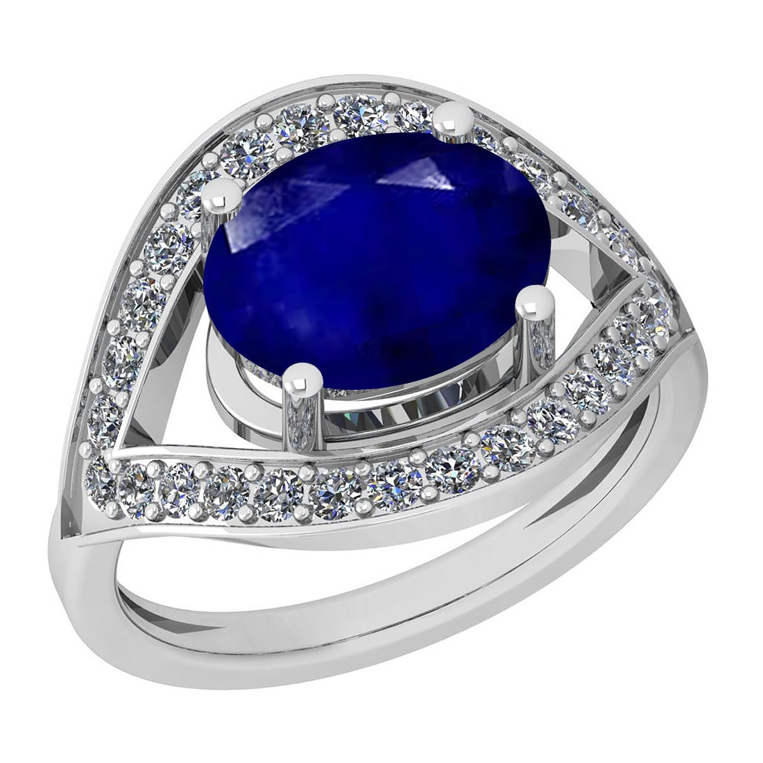 2.42 Ctw I2/I3 Blue Sapphire And Diamond 14K White Gold Ring: Color Stone Weight : 2.00 Ctw (1 Psc Oval ) Center Stone Color : Blue Sapphire Center Stone Setting : Prong Side Stone Weight Of Ctw 0.42 Ctw Side Stone Color : J-K Stone Clarity : I2/I3 Stone Setting