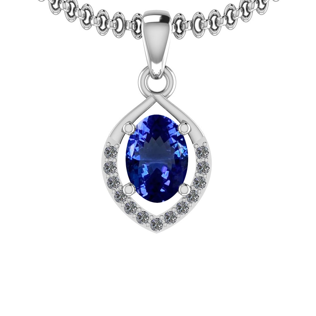 4.51 Ctw VS/SI1 Tanzanite And Diamond 14K White Gold Necklace: Center Stone Approx Weight: 4.33 Ctw (Oval Cut) Center Stone Color: Tanzanite Center Stone Setting: Prong Side Stone 0.18 Ctw Side Stone Color: H-I Stone Clarity: VS/SI1 Stone Setting: Prong Metal