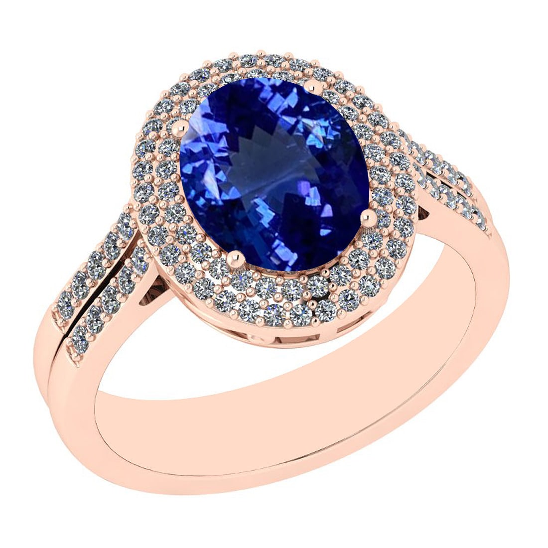 3.68 Ctw VS/SI1 Tanzanite And Diamond 14K Rose Gold halo Ring: Center Stone Approx Weight: 3.03 Ctw (Oval Cut) Center Stone Color: Tanzanite Center Stone Setting: Prong Side Stone 0.65 Ctw Side Stone Color: H-I Stone Clarity: VS/SI1 Stone Setting: Prong Metal App