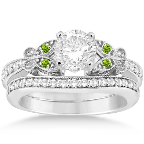Butterfly Diamond and Peridot Bridal Set 14k White Gold 1.12 ctw: CENTER STONE; 0.70 CTW CENTER STONE CLARITY; Eye Clean#SI1-SI2 CENTER STONE COLOR; Green,J-K CENTER STONE SETTING; Pave,Pave SIDE STONE CLARITY; SIDE STONE COLOR; SIDE STONE SETTING; ctw OF SIDE STONE