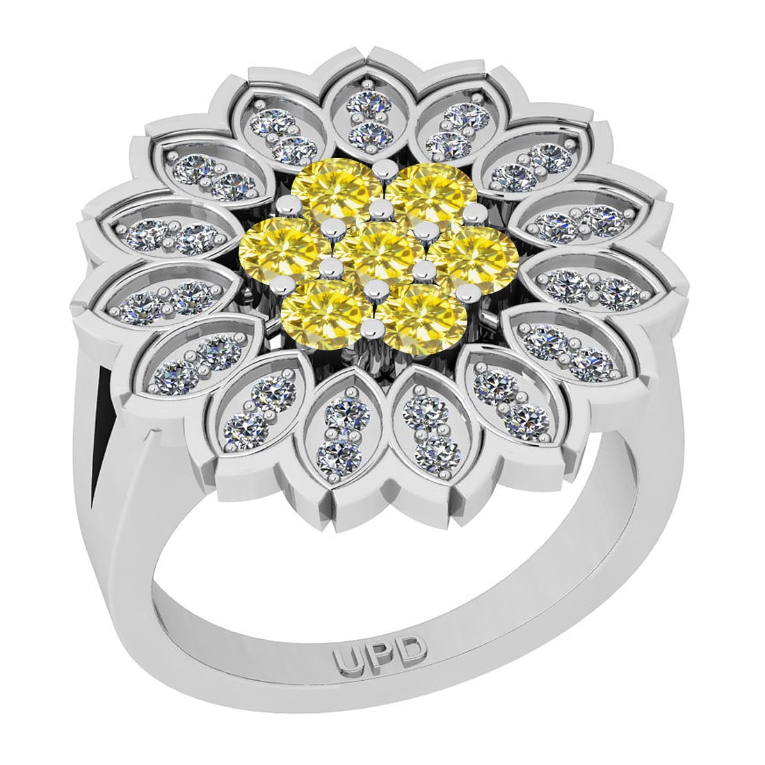 0.94 Ctw i2/i3 Treated Fancy Yellow and White Diamond 14K White Gold Flower: Color Stone Weight : 0.70 Ctw ( Round cut) Center Stone Color : Treated Fancy Yellow Diamond Center Clarity : i2/i3 Center Stone Setting : Prong Side Stone Weight Of Ctw 0.24 Ctw Side Stone Color :