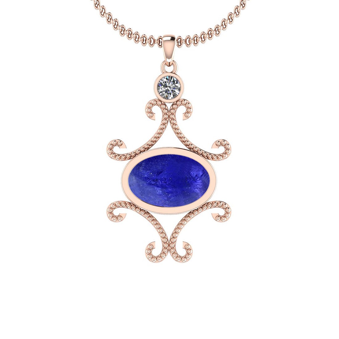 Certified 8.05 Ctw Tanzanite and Diamond I1/I2 14K Rose Gold Victorian Styl: Color Stone Approx Weight: 7.80 Ctw (1 pcs Oval Cabochon) Center Stone Color: Tanzanite Center Stone Setting: Bezel Side Stone Approx Weight: 0.25 Ctw Side Stone Color: J-K Stone Clarity: I1/I2 Stone