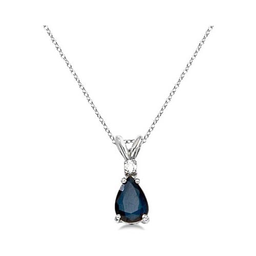 Pear Blue Sapphire and Diamond Solitaire Pendant Necklace 14k White Gold: CENTER STONE; Sapphire CENTER STONE CLARITY; CENTER STONE COLOR; Blue CENTER STONE SETTING; Prong SIDE STONE CLARITY; SI SIDE STONE COLOR; H-I SIDE STONE SETTING; Prong ctw OF SIDE STONE: 0.05 SIDE ST