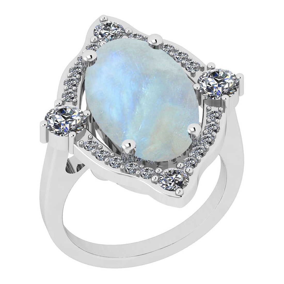 Certified 8.78 Ctw Rainbow And Diamond I1/I2 14K White Gold Victorian Style: Color Stone Approx Weight: 7.80 Ctw (1 pcs Oval Cabochon) Center Stone Color: Rainbow Center Stone Setting: Prong Side Stone Approx Weight: 0.98 Ctw Side Stone Color: J-K Stone Clarity: I1/I2 Stone Se