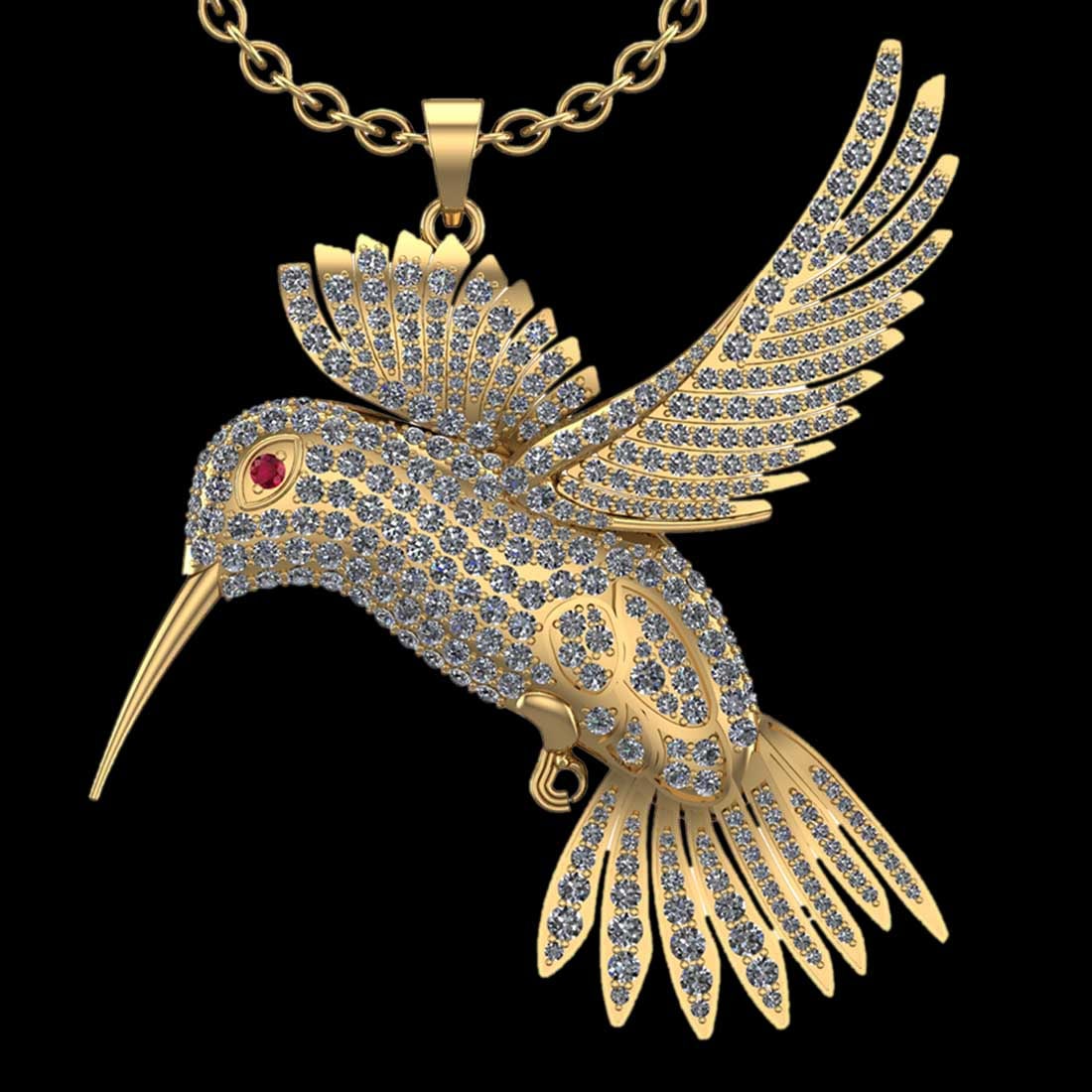 7.46 Ctw SI2/I1 Diamond 18K Yellow Gold Pendant Necklace: Eye Stone Weight :- 0.02 ctw Eye stone Color :-Ruby Total Diamond Weight : 7.44 Ctw (Round cut) Center Diamond Color :- G-H Center Clarity : SI2/I1 Stone Setting : Prong Metal Weight : Approx 20.80 Gr