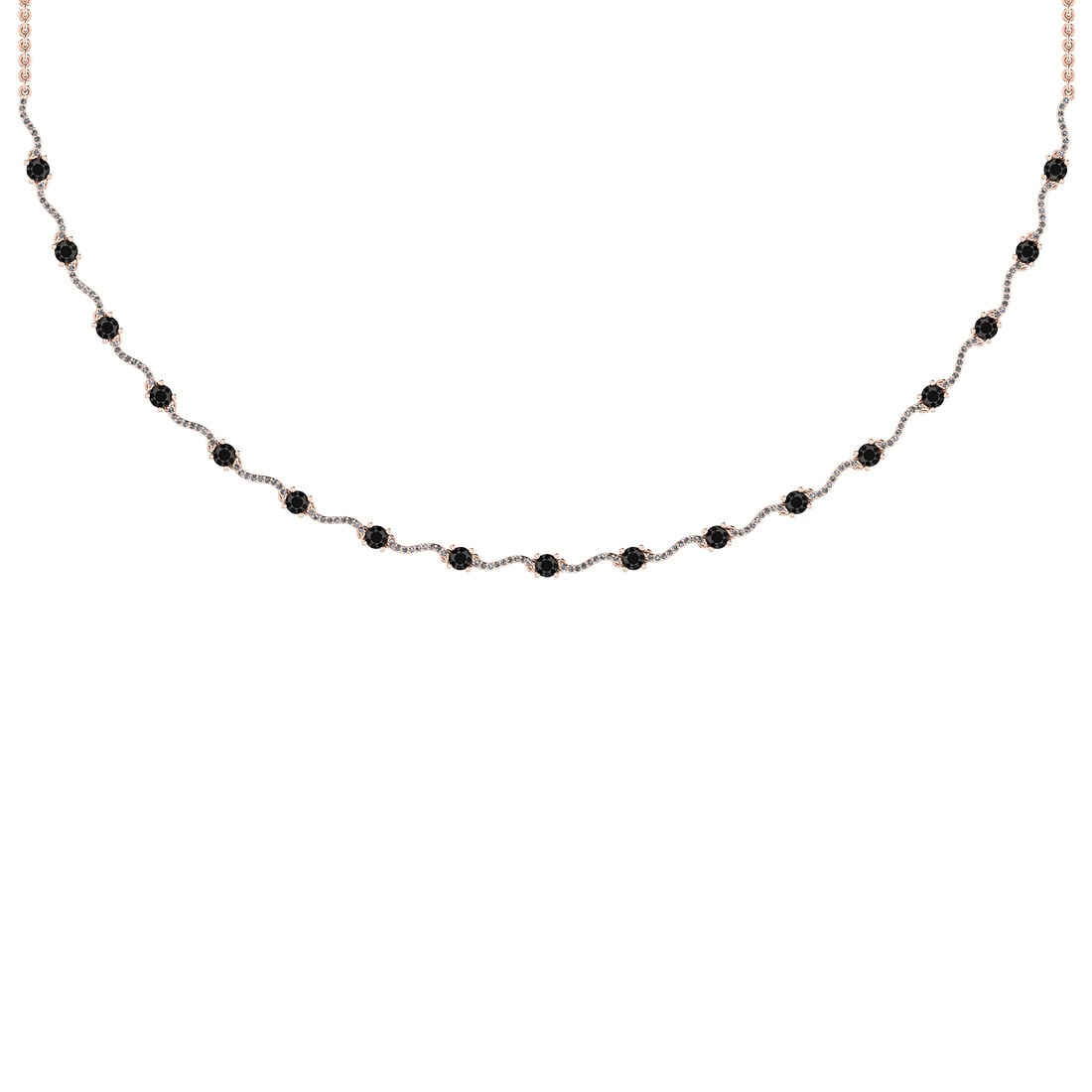 2.60 Ctw i2/i3 Treated Fancy Black And White Dimaond 14K Rose Gold Necklace: Center Diamond Weight : 2.10 Ctw ( 21 psc Round cut) Center Diamond Color : Treated Black Blue Dimaond Center Clarity : i2/i3 Center Stone Setting : Prong Side Stone Weight Of Ctw 0.50 Ctw Side Stone