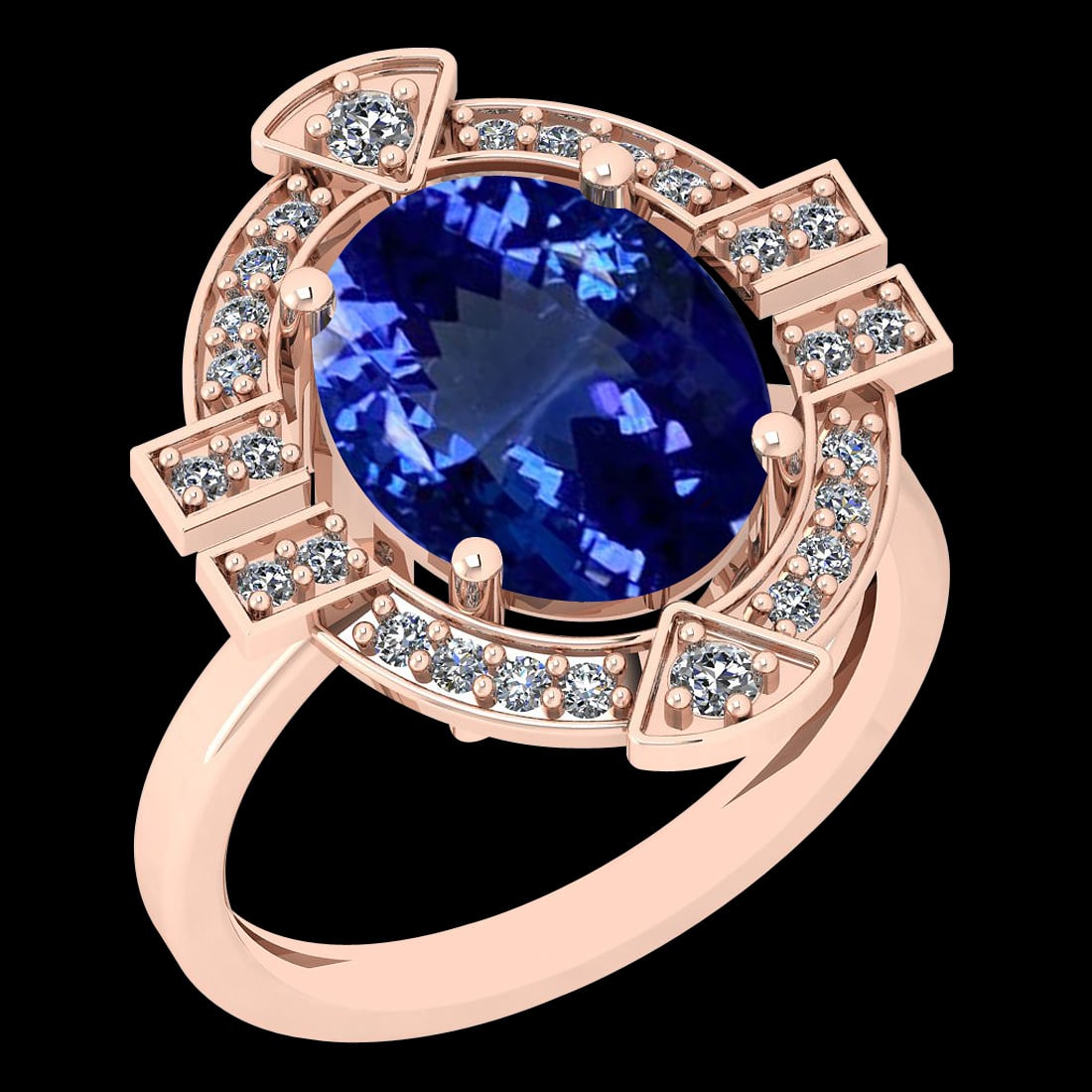 5.65 Ctw VS/SI1 Tanzanite And Diamond 10K Rose Gold Vintage Style Ring: Color Stone Weight : 5.34 Ctw (1 Psc Oval ) Center Stone Color : Tanzanite Center Stone Setting : Prong Side Stone Weight Of Ctw 0.31 Ctw Side Stone Color : G-H Stone Clarity : VS/SI1 Stone Setting :