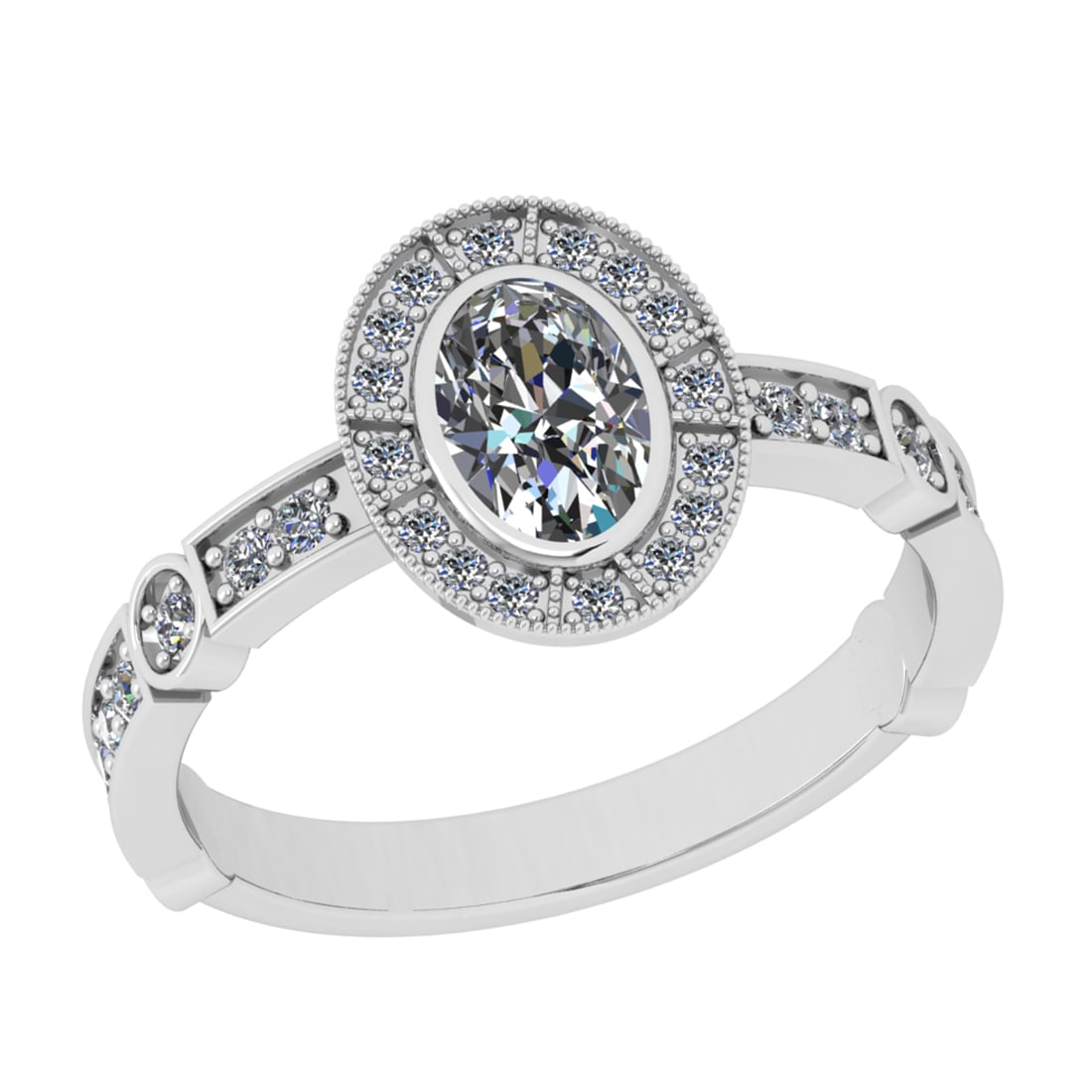 1.00 Ctw SI2/I1 Diamond 14K White Gold Engagement Halo Ring: Center Weight : 0.70 Ctw (Oval Cut) Center Diamond Color : J-K Center Stone Setting : Prong Center Stone Clarity : SI2/I1 Side Stone Weight Of Ctw 0.30 Ctw Side Stone Color : G-H Stone Clarity : SI2/I