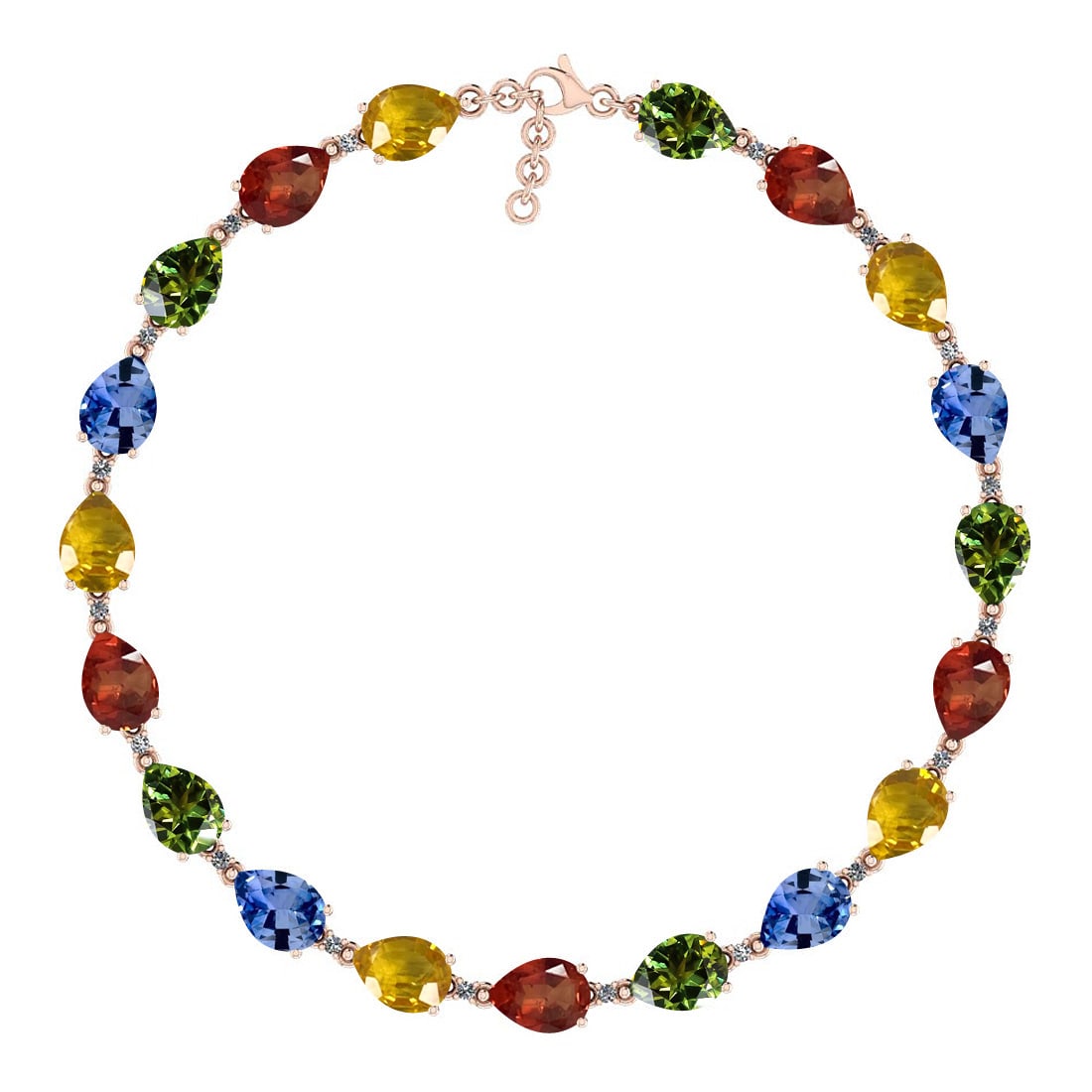 13.48 Ctw I2/I3 Multi Sapphire And Diamond 14K Rose Gold Bracelet: Color Stone Weight : 13.30 Ctw (Pear Cut ) Center Stone Color : Red,Yellow,Green, Sapphire Center Stone Setting : Prong Side Stone Weight Of Ctw 0.18 Ctw Side Stone Color : J-K Stone Clarity : I2/I3 S