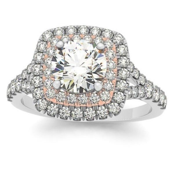 Square Double Halo Diamond Engagement Ring 14k Two-tone Gold 1.62ctw: CENTER STONE; DIAMOND (1.00 CTW) CENTER STONE CLARITY; SI1-SI2 CENTER STONE COLOR; J-K CENTER STONE SETTING; SIDE STONE CLARITY; SI1-SI2 SIDE STONE COLOR; J-K SIDE STONE SETTING; Prong ctw OF SIDE STO