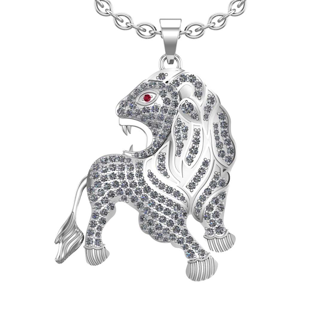 2.28 Ctw SI2/I1 Diamond 14k White Gold Lion Pendant Necklace: Eye stone weight :0.02 eye stone color :- Ruby Total Diamond Weight : 2.26 Ctw (Round cut) Center Diamond Color :- j-k Center Clarity : SI2/I1 Stone Setting : Prong Metal Weight : Approx 13.90 Gram 14
