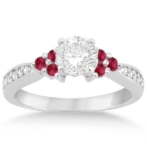 Floral Diamond and Ruby Engagement Ring Setting 14k White Gold 1.30ctw: CENTER STONE; DIAMOND (1.00 CTW) CENTER STONE CLARITY; SI1-SI2 CENTER STONE COLOR; J-K CENTER STONE SETTING; SIDE STONE CLARITY; Eye Clean,SI1-SI2 SIDE STONE COLOR; Red,J-K SIDE STONE SETTING; Bead,Be