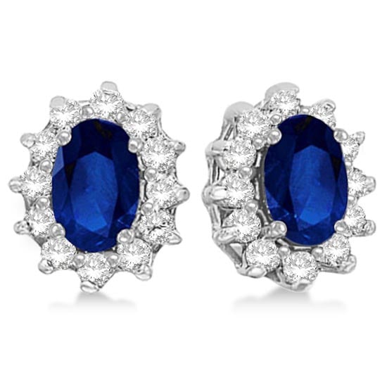 Oval Blue Sapphire and Diamond Accented Earrings 14k White Gold 2.05ctw: CENTER STONE; Sapphire CENTER STONE CLARITY; CENTER STONE COLOR; Blue CENTER STONE SETTING; Prong SIDE STONE CLARITY; SI SIDE STONE COLOR; H-I SIDE STONE SETTING; Prong ctw OF SIDE STONE: 0.25 SIDE ST
