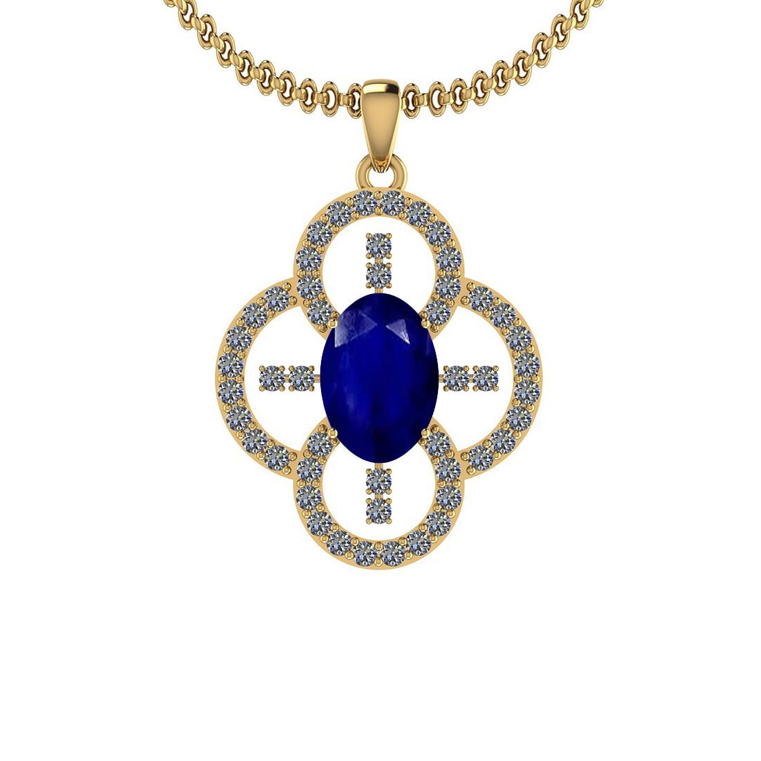 3.18 Ctw I2/I3 Blue Sapphire And Diamond 14K Yellow Gold Necklace: Center Stone Weight : 2.50 Ctw (Oval Cut ) Center Stone Color : Blue Sapphire Center Stone Setting : Prong Side Stone Weight Of Ctw 0.68 Ctw Side Stone Color : J-K Stone Clarity : I2/I3 Stone Setting