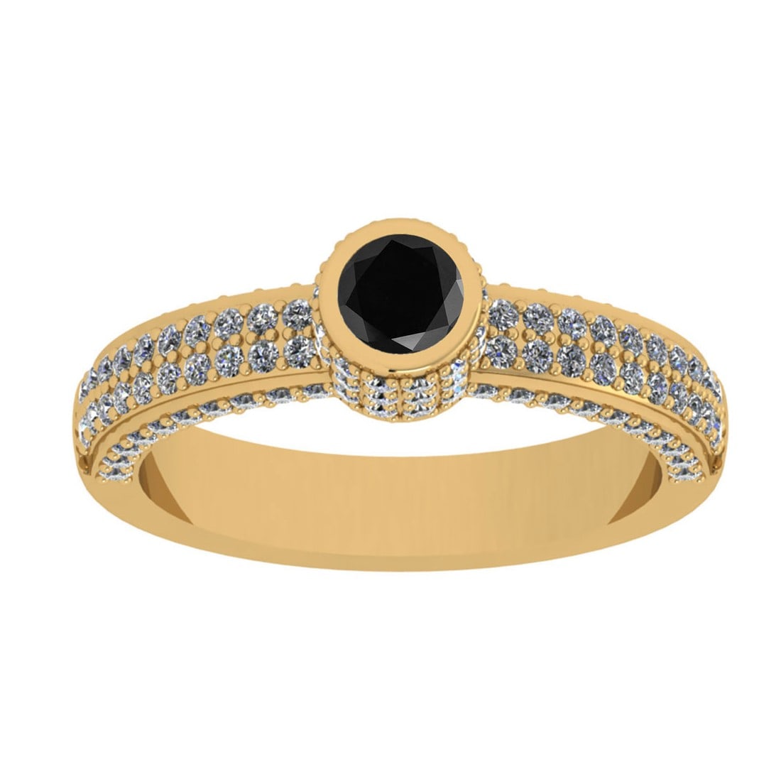 0.92 Ctw I2/I3 Treated Fancy Black And White Diamond 14K Yellow Gold Vintag: Center Stone Weight : 0.25 Ctw (Round Cut ) Center Stone Color : Treated Fancy Black Diamond Center Stone Clarity : I2/I3 Center Stone Setting : Prong Side Stone Weight Of Ctw 0.67 Ctw Side Stone Colo