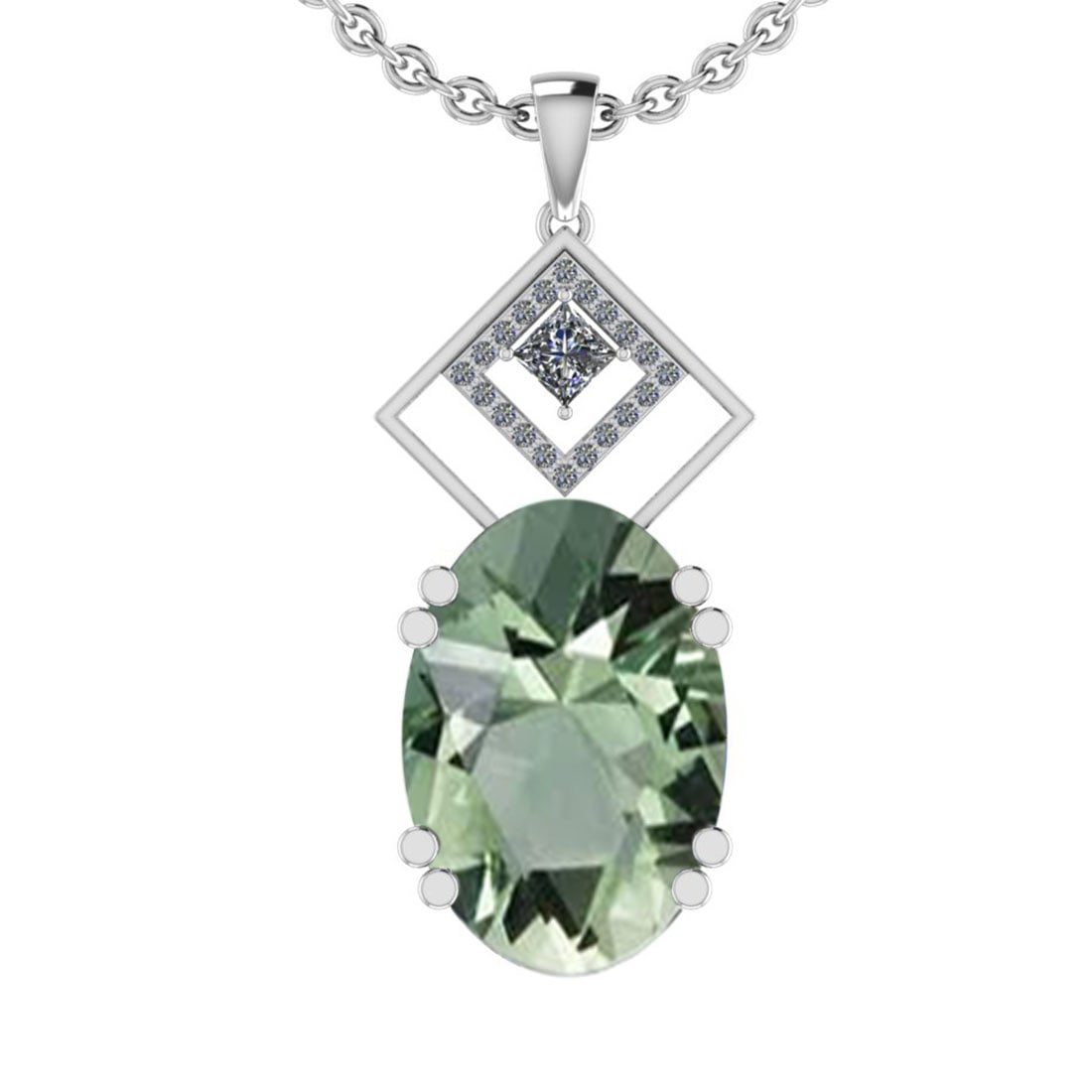 23.03 Ctw I2/I3 Green Amethyst And Diamond 10K White Gold Pendant: Center Stone Weight : 22.43 Ctw (Oval Cut ) Center Stone Color : Green Amethyst Center Stone Setting : Prong Side Stone Weight Of Ctw 0.60 Ctw Side Stone Color : J-K Stone Clarity : I2/I3 Stone Settin