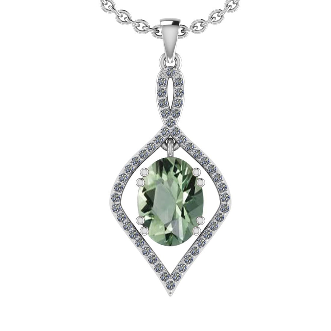 23.80 Ctw I2/I3 Green Amethyst And Diamond 10K White Gold Pendant: Center Stone Weight : 22.15 Ctw (Oval Cut ) Center Stone Color : Green Amethyst Center Stone Setting : Prong Side Stone Weight Of Ctw 1.65 Ctw Side Stone Color : J-K Stone Clarity : I2/I3 Stone Settin