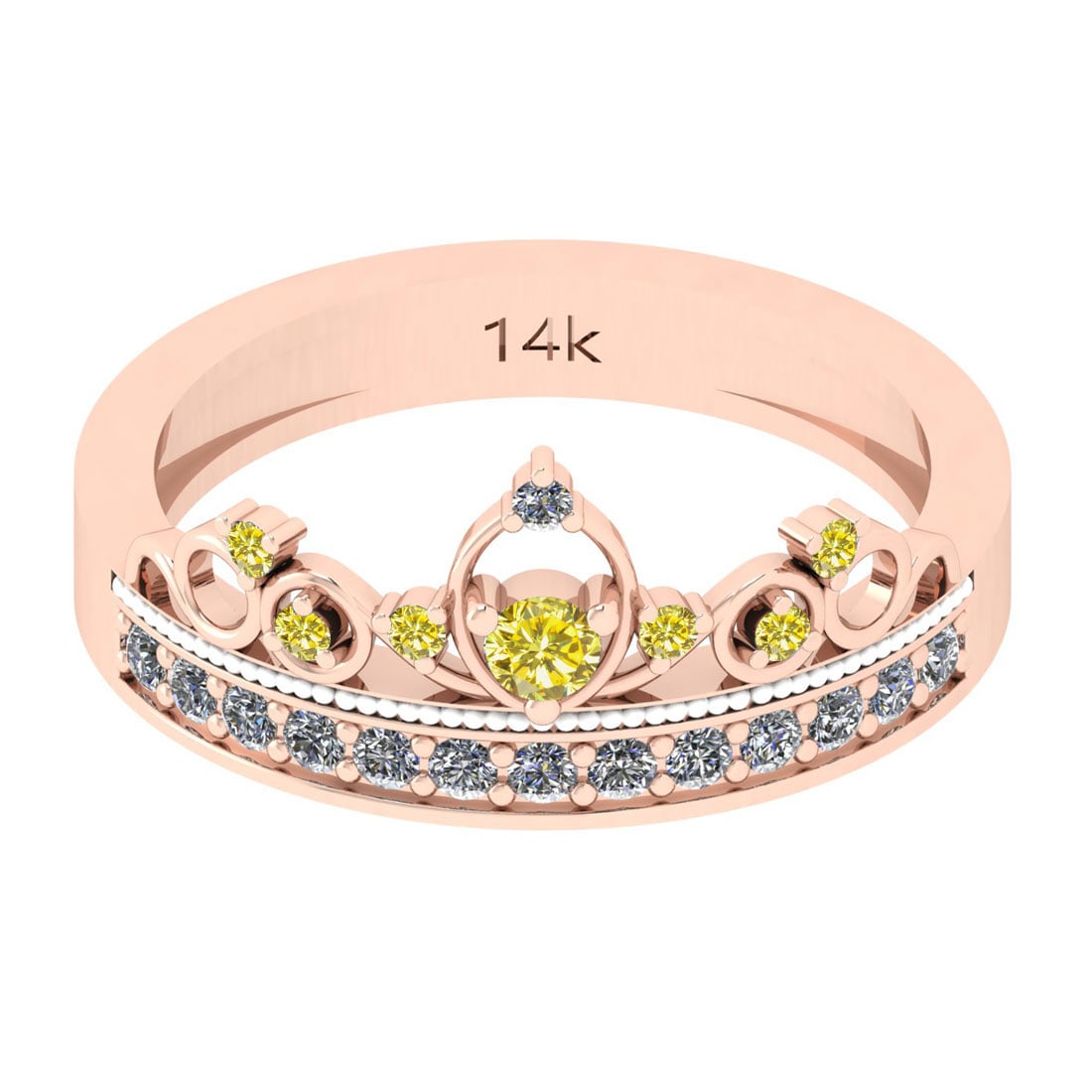 0.27 Ctw I2/I3 Treated Fancy Yellow And White Diamond 14K Rose Gold Eternit: Center Stone Weight : 0.12 Ctw (Round Cut ) Center Stone Color : Treated Fancy Yellow Diamond Center Stone Clarity : I2/I3 Center Stone Setting : Prong Side Stone Weight Of Ctw 0.15 Ctw Side Stone Col