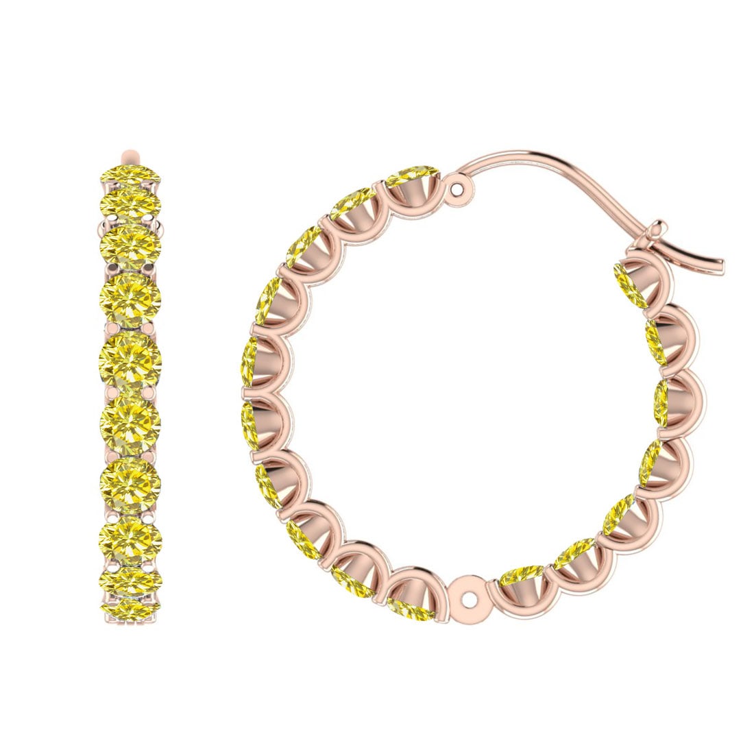 1.56 Ctw i2/i3 Treated Fancy Yellow Diamond 14K Rose Gold Hoop Earrings: Center Diamond Weight : 1.56 Ctw (Round Cut) Center Diamond Color :-Treated Fancy Yellow Diamond Center Clarity : I2/I3 Stone Setting : Prong Metal Weight : Approx 7.00 Gram 14K Rose Gold Hoop Earring