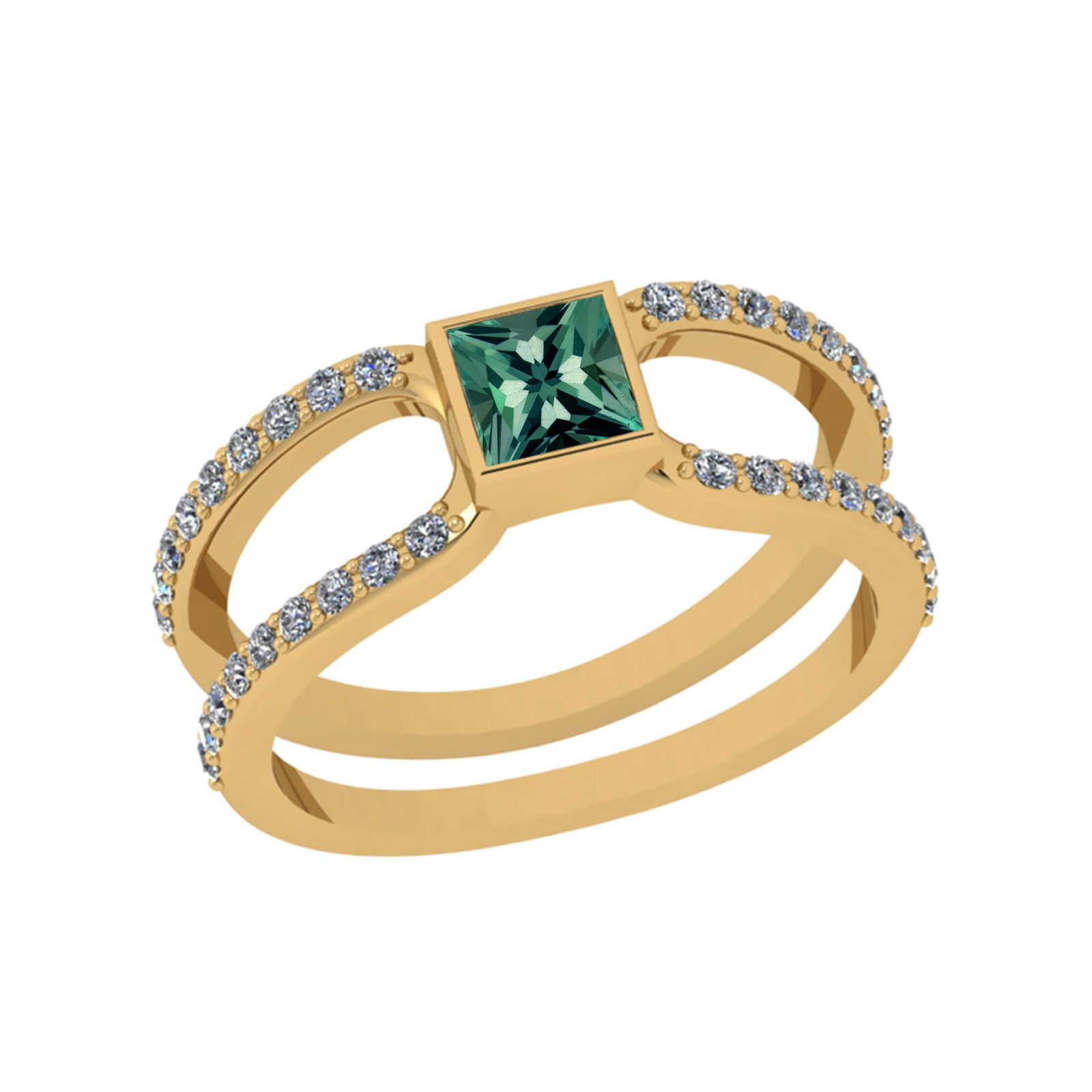 0.56 Ctw SI2/I1 Green Sapphire And Diamond 14K Yellow Gold Ring: Center Stone Weight : 0.20 Ctw (Round Cut) Center Stone Color :-Green Sapphire Center Stone Setting : Bezel Side Stone Weight Of Ctw 0.36 Ctw Side Stone Color : J-K Stone Clarity :SI2/I1 Stone Setting