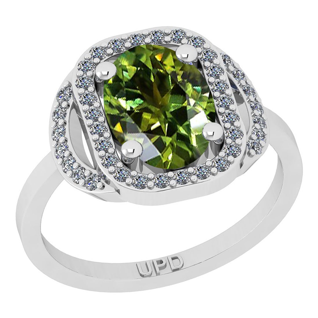 1.75 Ctw I2/I3 Green Sapphire And Diamond 10K White Gold Engagement Ring: Center Stone Weight : 1.50 Ctw ( Oval Cut) Center Stone Color :-Green Sapphire Stone Setting : Prong Side Stone Weight Of Ctw 0.25 Ctw Side Stone Color : J-K Stone Clarity : I2/I3 Stone Setting : Pron