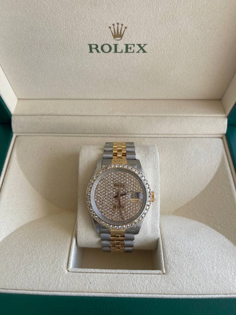 Custom 31mm Rolex with Diamond Dial & Bezel (G-H, SI1-SI2) comes with box a: Custom 31mm Rolex with Diamond Dial & Bezel (G-H, SI1-SI2) comes with box and papers #PAPPS97700v7