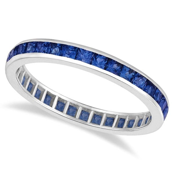 Princess-Cut Blue Sapphire Eternity Ring Band 14k White Gold 1.36ctw: CENTER STONE; Sapphire CENTER STONE CLARITY; CENTER STONE COLOR; Blue CENTER STONE SETTING; Channel SIDE STONE CLARITY; SIDE STONE COLOR; SIDE STONE SETTING; ctw OF SIDE STONE: SIDE STONE QUALITY; #PA