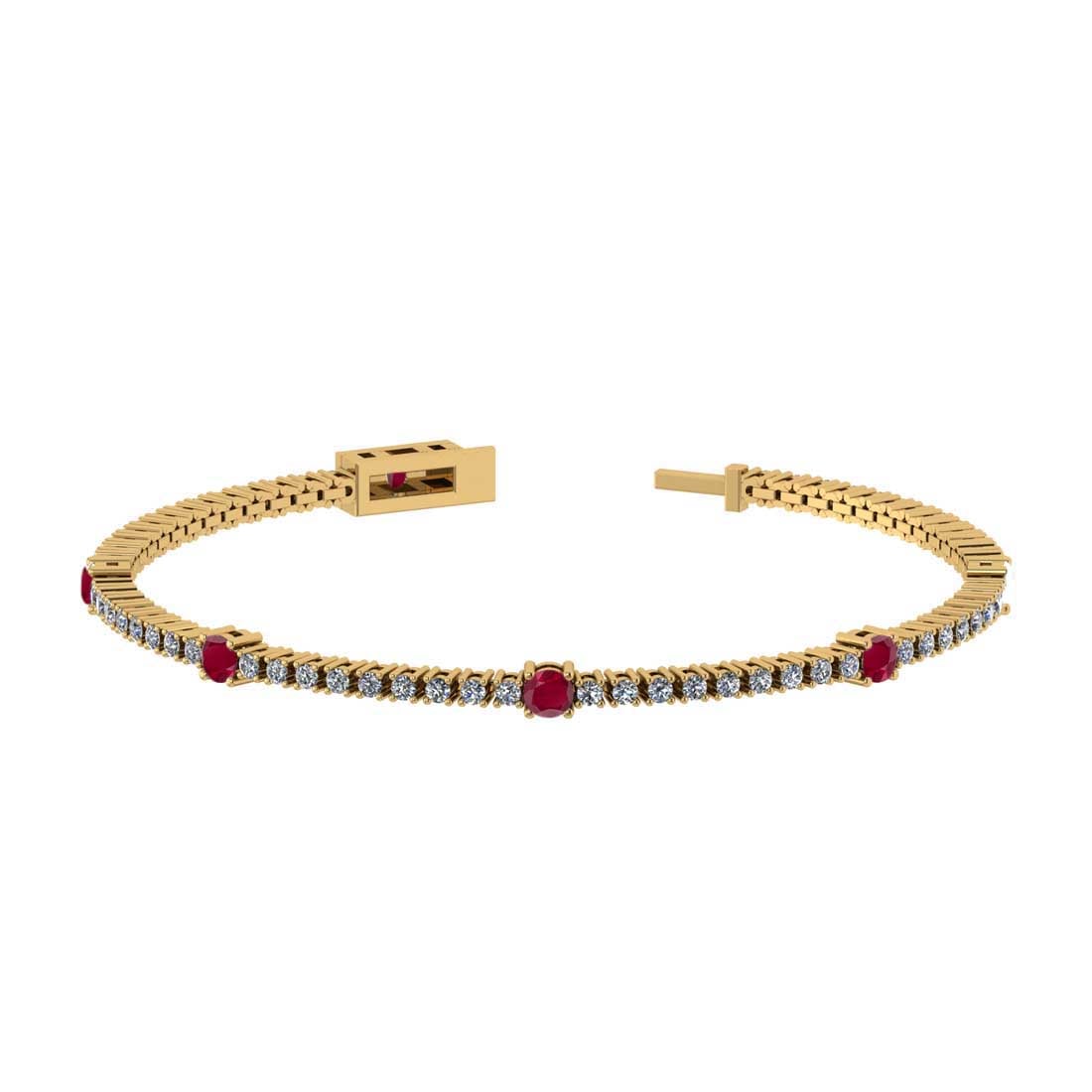 2.20 Ctw SI2/I1 Ruby and Diamond 14K Yellow Gold Bracelet: Center Stone Weight : 0.50 Ctw ( Round Cut) Center stone Color :-Ruby Setting : Prong Side Weight Of Ctw 1.70 Ctw Color : J-K Clarity : SI2/I1 Stone Setting : Prong Metal Weight : Approx 5.70 gram 14K