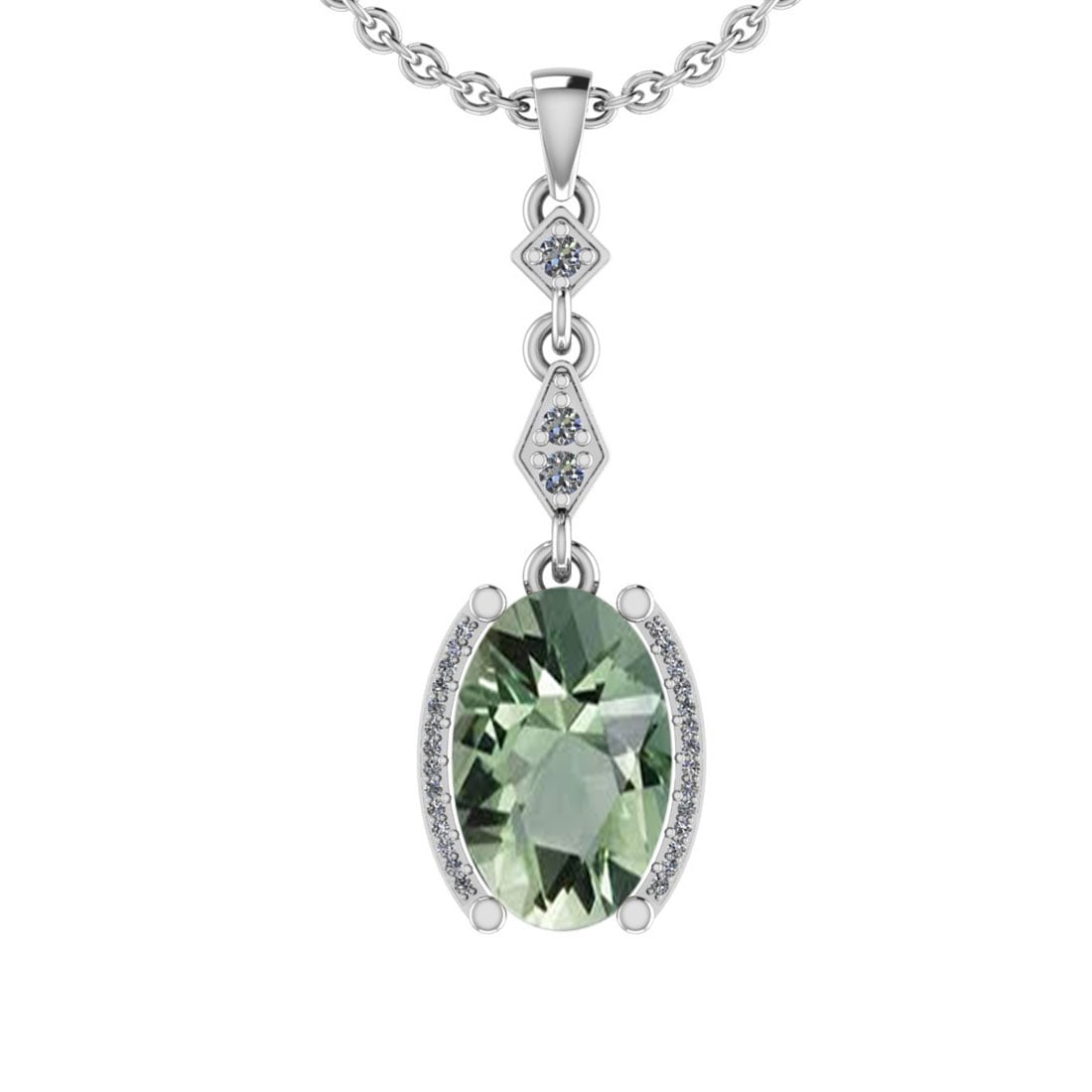 24.82 Ctw I2/I3 Green Amethyst And Diamond 10K White Gold Pendant: Center Stone Weight : 23.72 Ctw (Oval Cut ) Center Stone Color : Green Amethyst Center Stone Setting : Prong Side Stone Weight Of Ctw 1.10 Ctw Side Stone Color : J-K Stone Clarity : I2/I3 Stone Settin