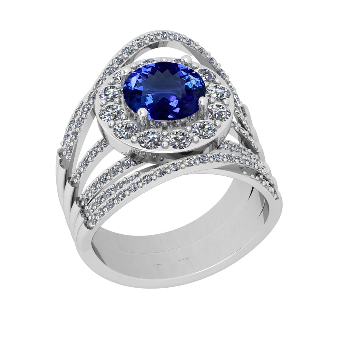 3.73 Ctw SI2/I1 Tanzanite And Diamond 14K White Gold Vintage Style Engageme: Color Stone Weight : 2.20 Ctw (Round Cut ) Center Stone Color : Tanzanite Center Stone Setting : Prong Side Stone Weight Of Ctw 1.53 Ctw Side Stone Color : J-K Stone Clarity : SI2/I1 Stone Setting : P