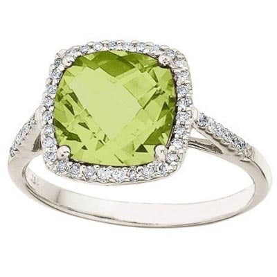 Cushion-Cut Peridot and Diamond Cocktail Ring 14k White Gold 3.70ctwtw: CENTER STONE; Peridot CENTER STONE CLARITY; CENTER STONE COLOR; CENTER STONE SETTING; Prong SIDE STONE CLARITY; SI SIDE STONE COLOR; I-J SIDE STONE SETTING; Prong ctw OF SIDE STONE: 0.2 SIDE STONE QUA