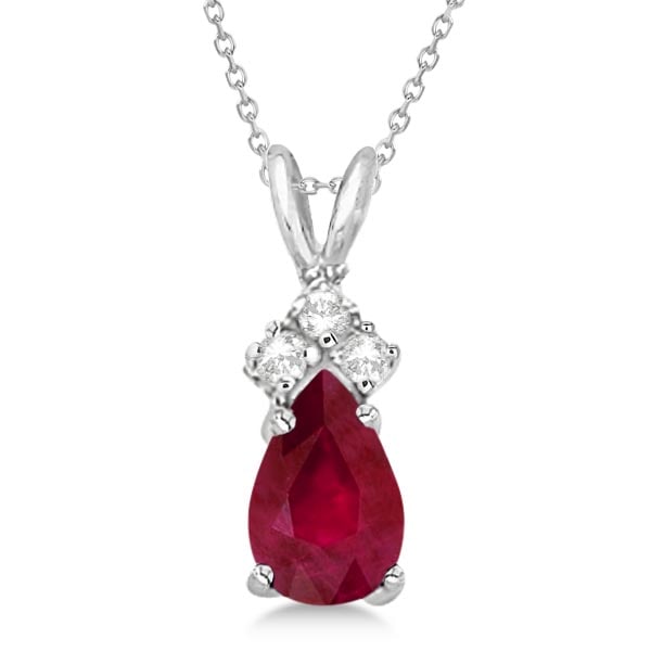 Pear Ruby and Diamond Solitaire Pendant Necklace 14k White Gold 0.75ctw: CENTER STONE; Ruby CENTER STONE CLARITY; CENTER STONE COLOR; Red CENTER STONE SETTING; Prong SIDE STONE CLARITY; SI SIDE STONE COLOR; J-K SIDE STONE SETTING; Prong ctw OF SIDE STONE: 0.05 SIDE STONE Q