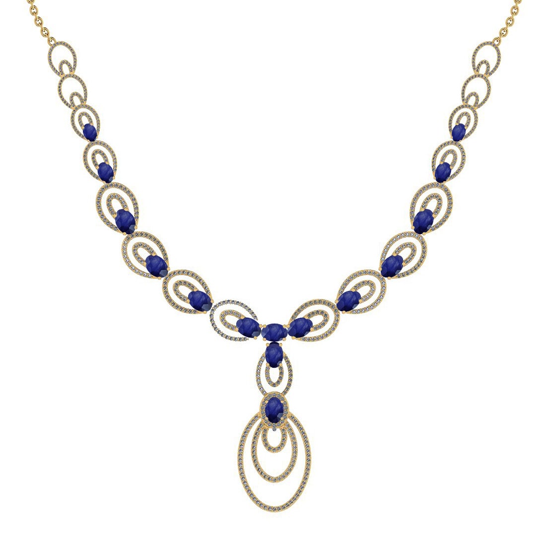 23.80 Ctw SI2/I1 Blue Sapphire And Diamond 14K Yellow Gold Victorian Style: Color Stone Weight : 20.75 Ctw ( 15 Psc Oval Cut ) Center Stone Color :-Blue Sapphire Center Stone Setting : Prong Side Stone Weight Of Ctw 3.05 Ctw Side Stone Color : G-H Stone Clarity : SI2/I1 Stone